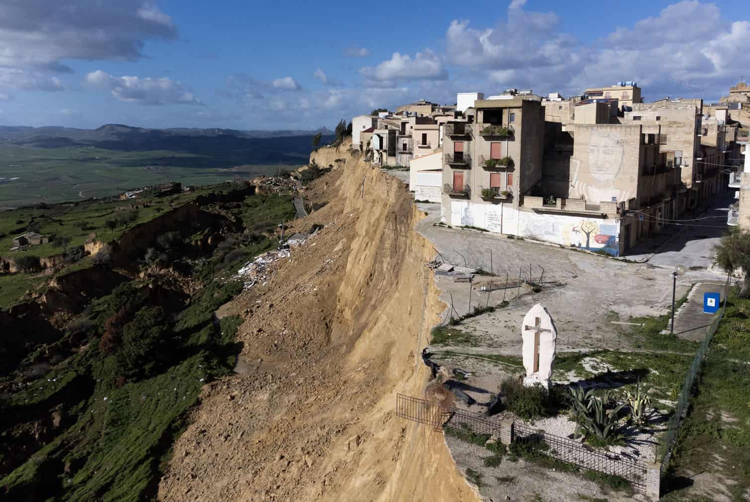 The aerial view shows a part of a giant landslide in Niscemi