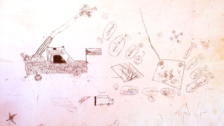 Childish drawings of a pick-up truck with a flag and a gun firing at people in a square with words in Arabic scattered around the sketch