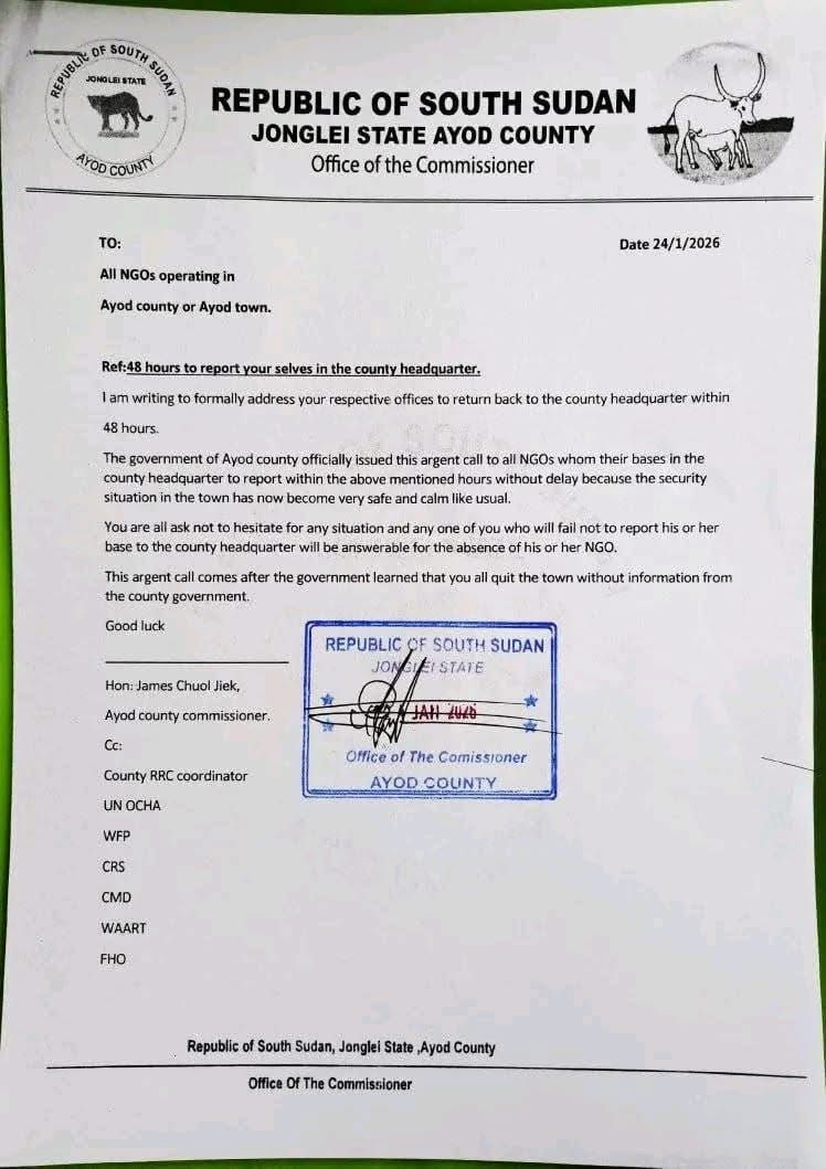 Letter sent to humanitarian workers by Ayod County commissioner. [File shared with Sudans Post]